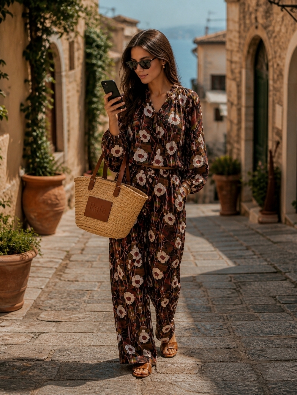 The Westside Silk Floral Blouse (M) Pants (L) Set